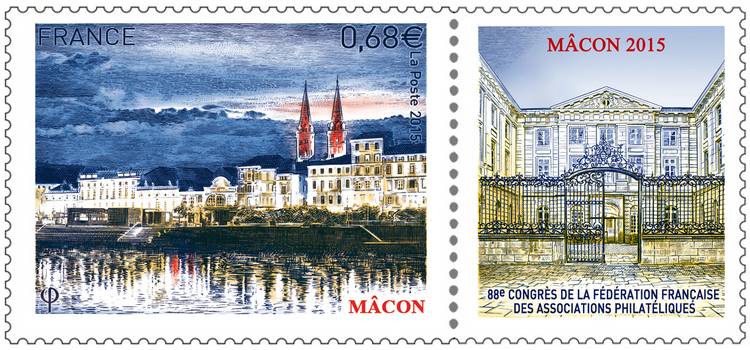 Timbre présentant la ville de Mâcon la nuit, avec une vignette dédiée au 88eme Congrès de